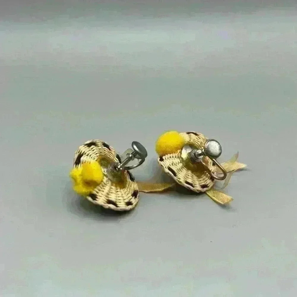 Vintage Straw Hat Stud Screwback Earrings With Ribbon - Picture 3 of 5